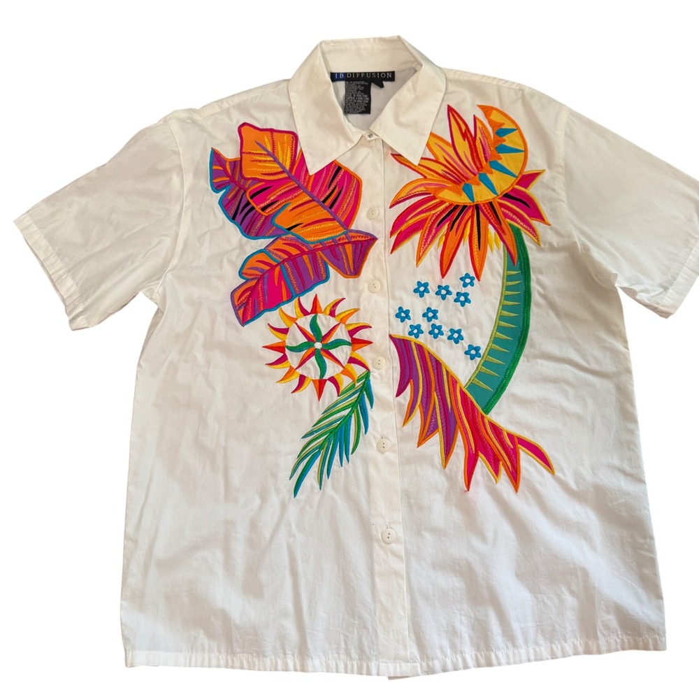 I.B. Diffusion Vintage Shirt Tropical Embroidery 80s Art to Wear Size 10